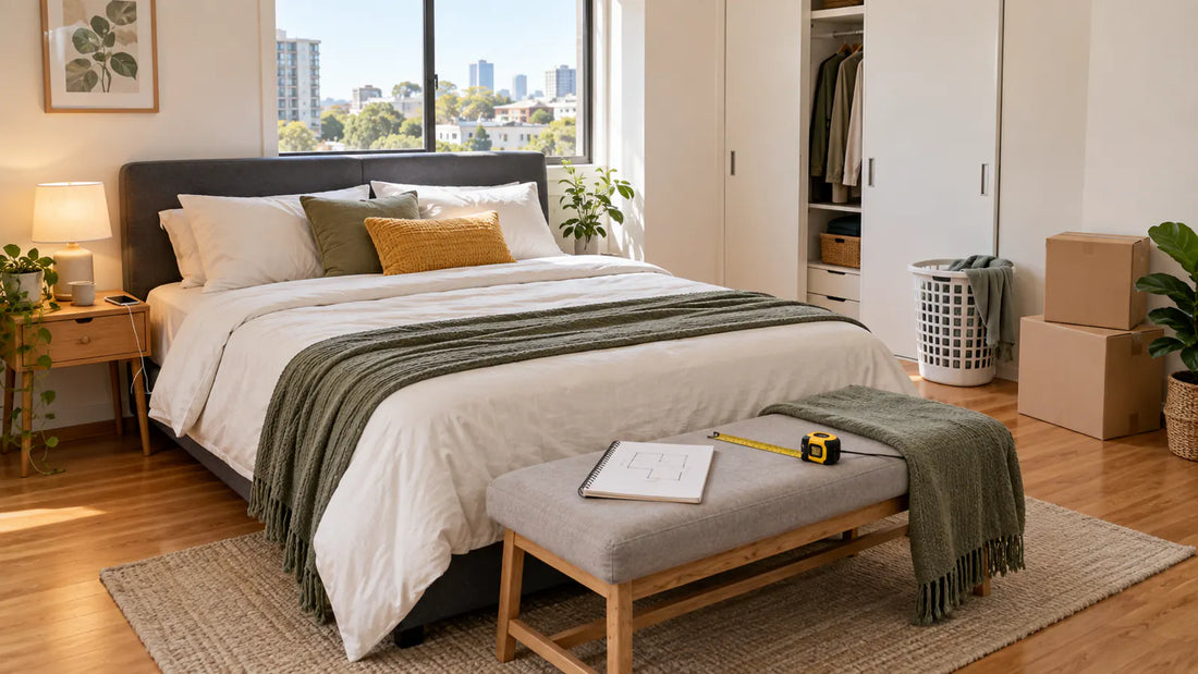 Functional bedroom with a bed, bedside light, storage, laundry basket and measuring tools