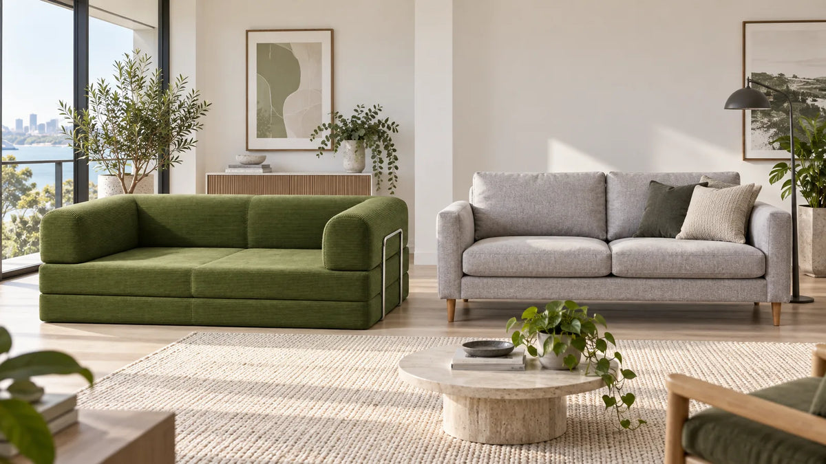 Olive green BOXY convertible sofa beside a conventional framed sofa for comparison