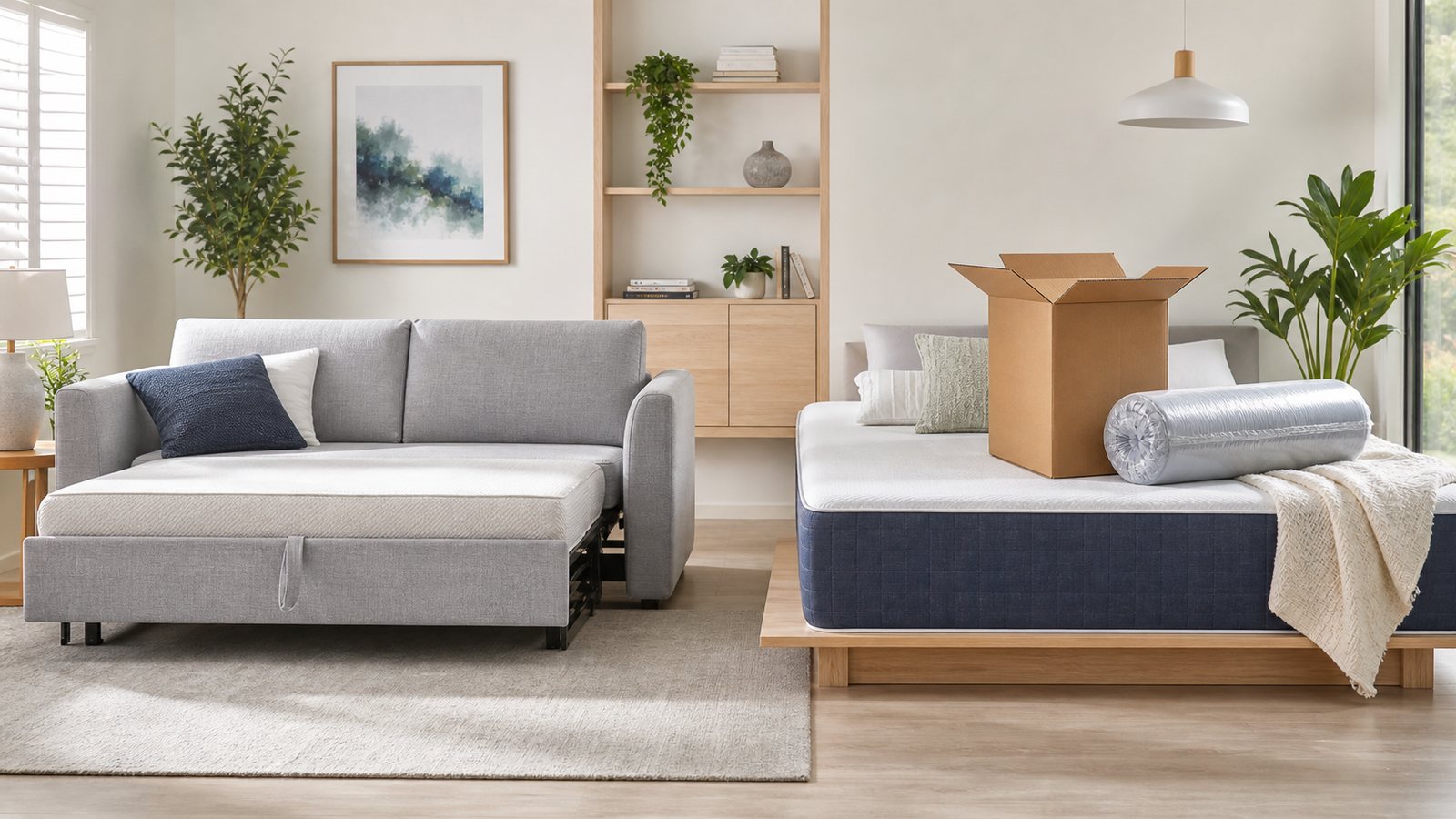 Hybrid mattress and convertible sofa bed comparison in a modern living space