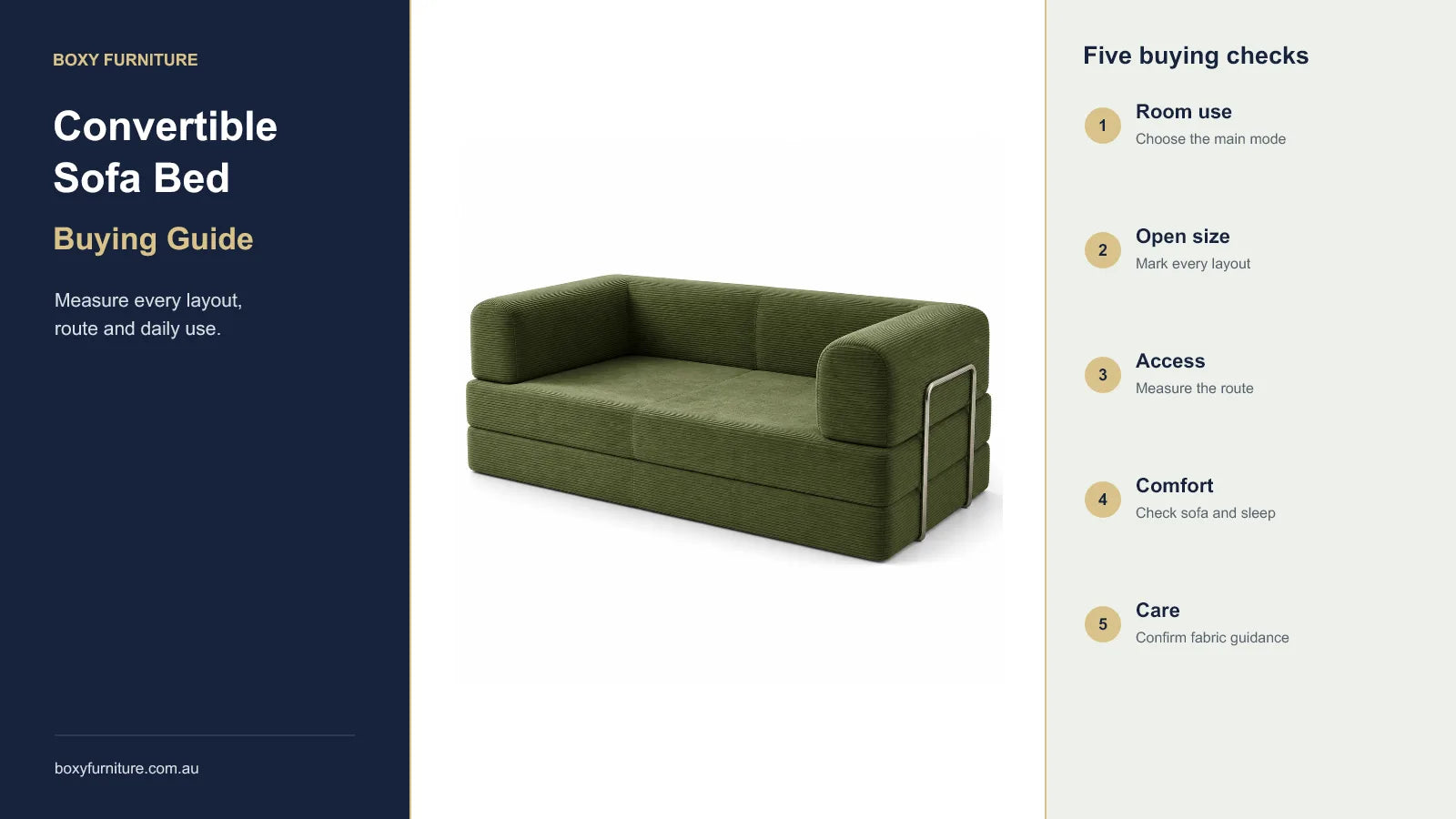 Olive green BOXY Convertible Sofa Bed with five buying checks