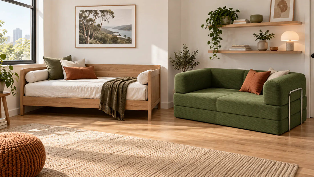 Single daybed beside an olive green convertible sofa bed in a multipurpose room