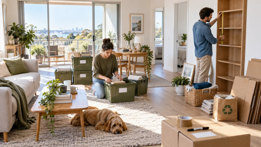 Couple sorting a bright living room into reusable moving tubs, donation items and recycling