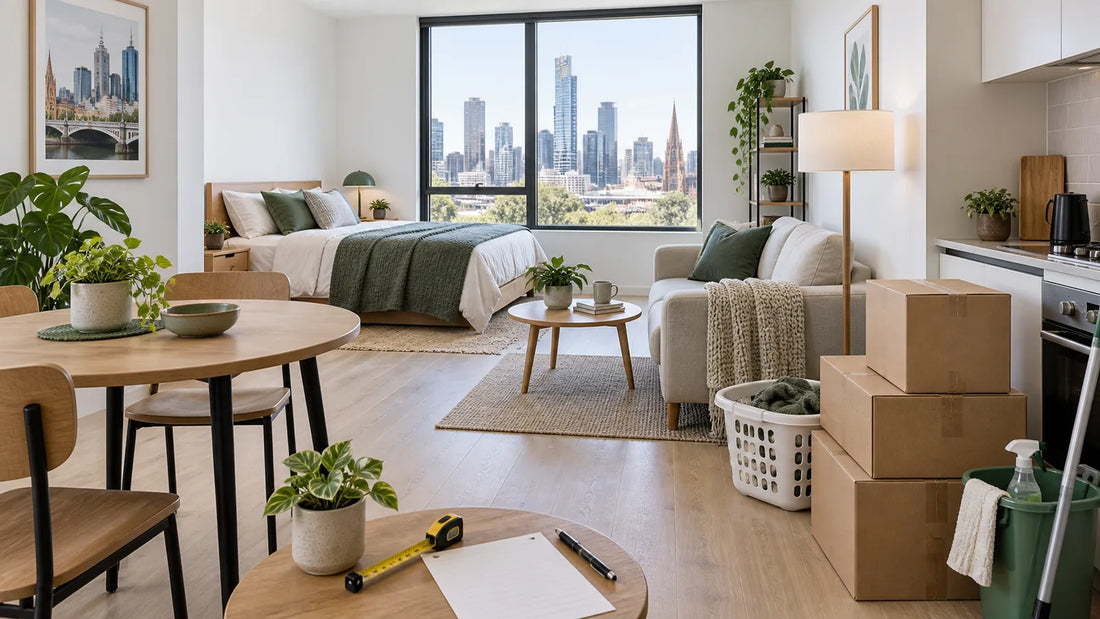 First apartment partly set up with essential furniture, moving boxes and a measuring checklist