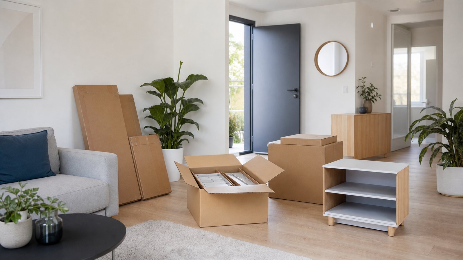 Boxed furniture delivery and setup in a modern Australian apartment