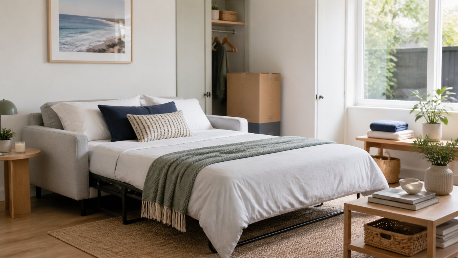 Guest room with compact sofa bed bedding and boxed mattress delivery