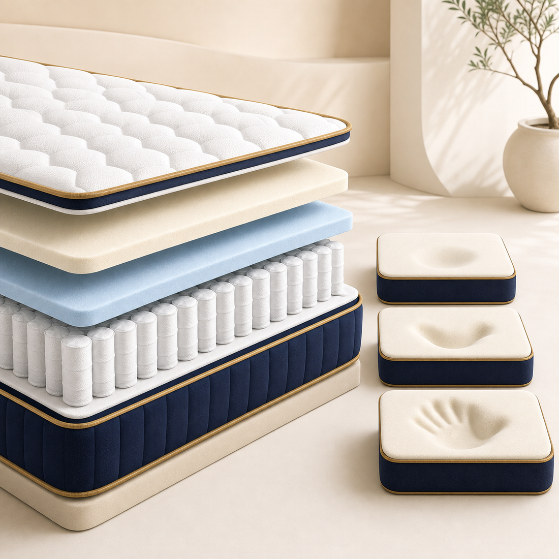 BOXY Hybrid Mattress layer cutaway with visual soft medium-firm and firm comfort cues