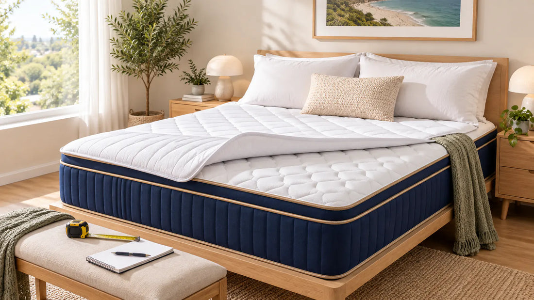 White mattress topper folded back over a deep hybrid mattress for an inspection comparison