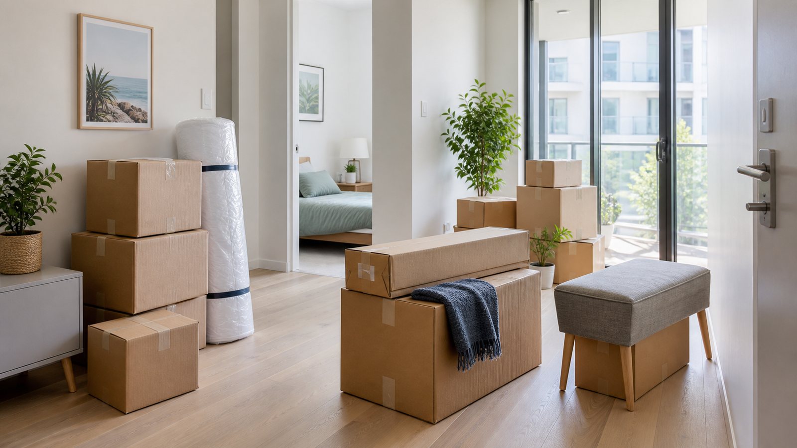 Neatly packed boxed furniture ready for moving house in an apartment