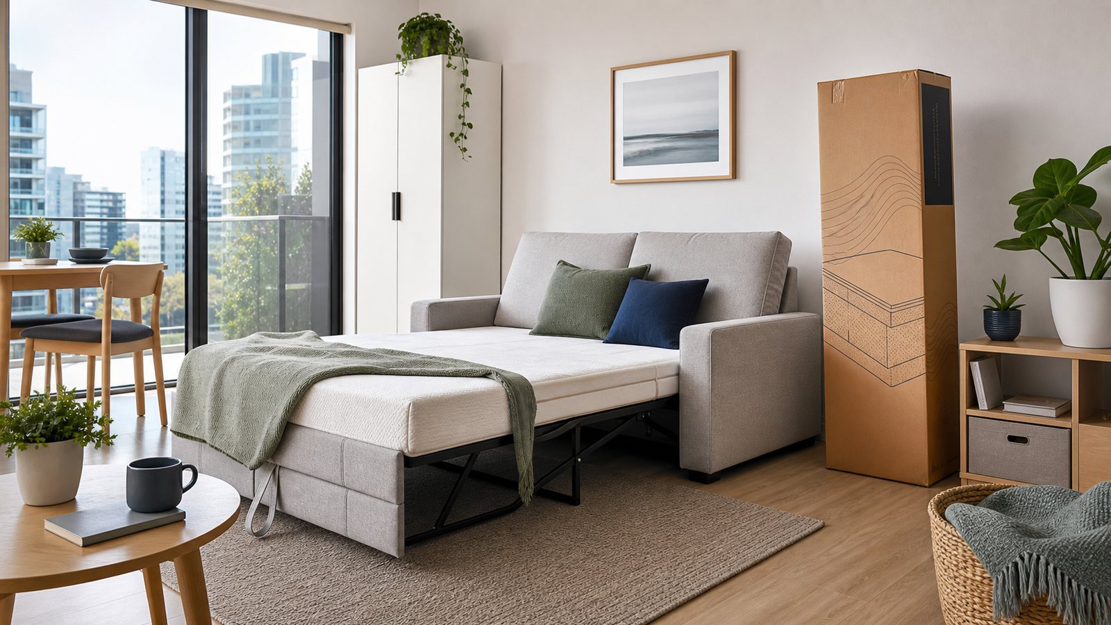 Compact sofa bed and boxed mattress setup for a small Australian apartment