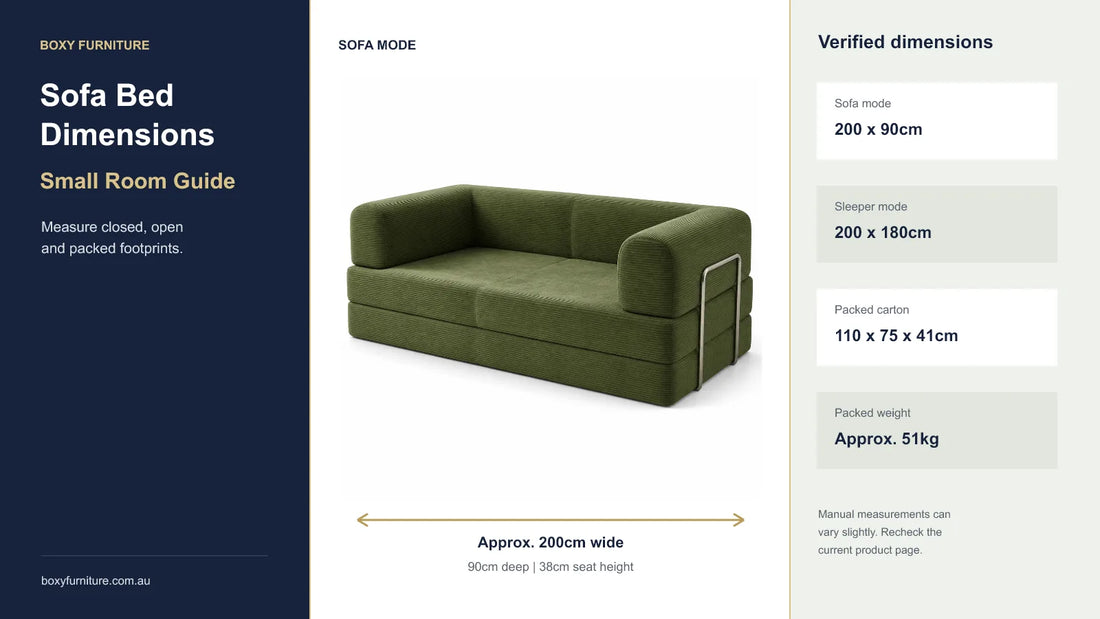 BOXY Convertible Sofa Bed dimensions in sofa and sleeper modes with packed carton size