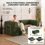Green BOXY corduroy convertible sofa bed with three layout options