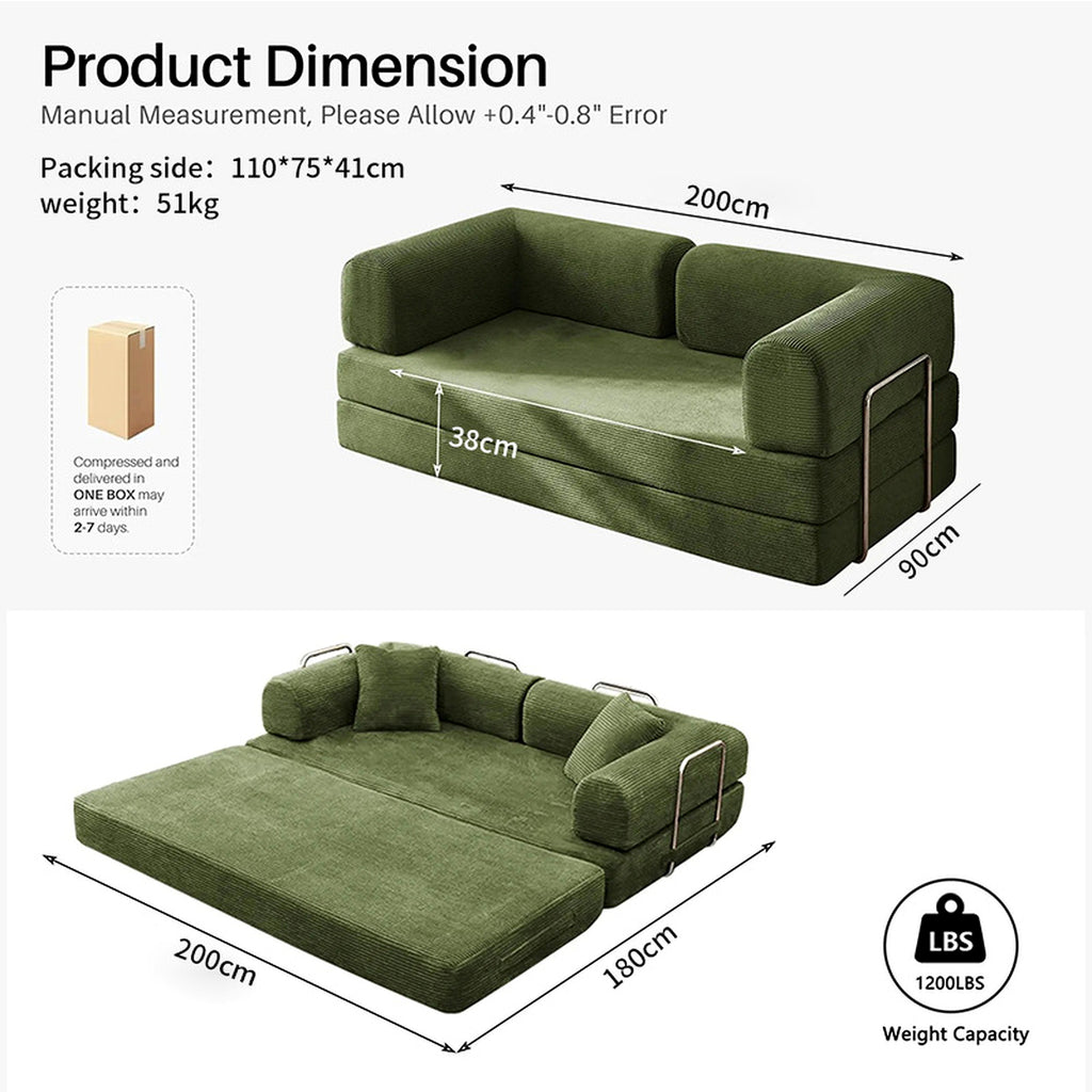 BOXY convertible sofa bed dimensions and packed size
