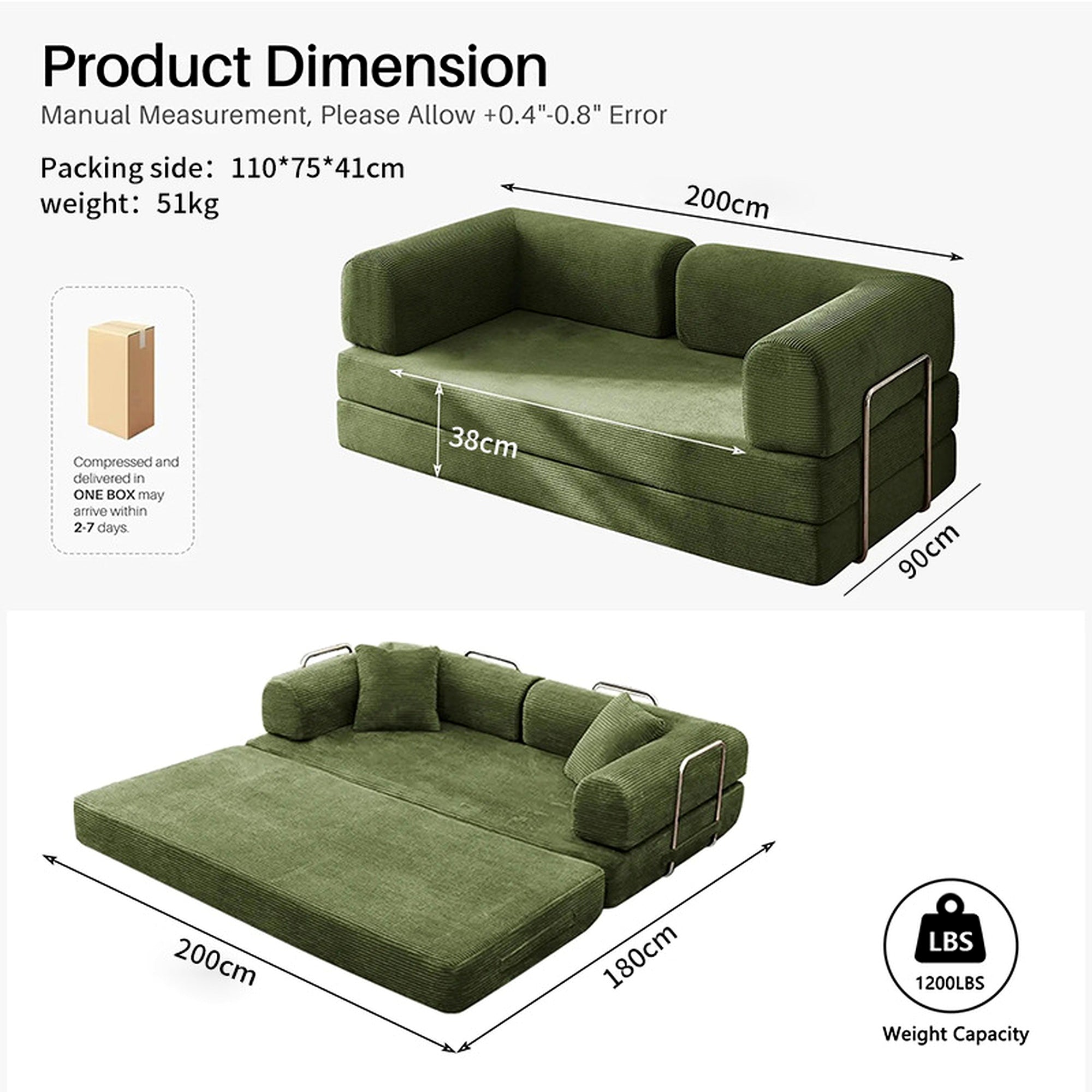 BOXY convertible sofa bed dimensions and packed size