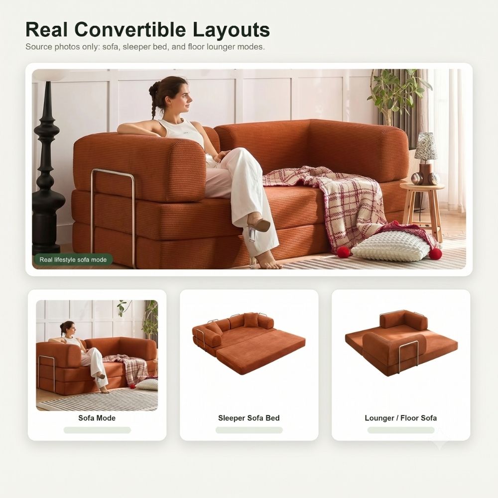BOXY convertible sofa bed in burnt orange lifestyle setting