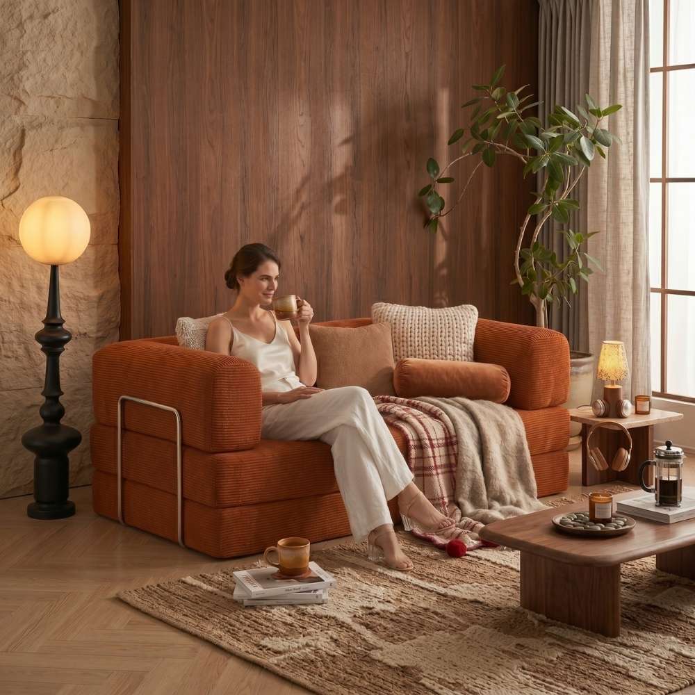 BOXY convertible sofa bed in warm brown styled in a premium living room