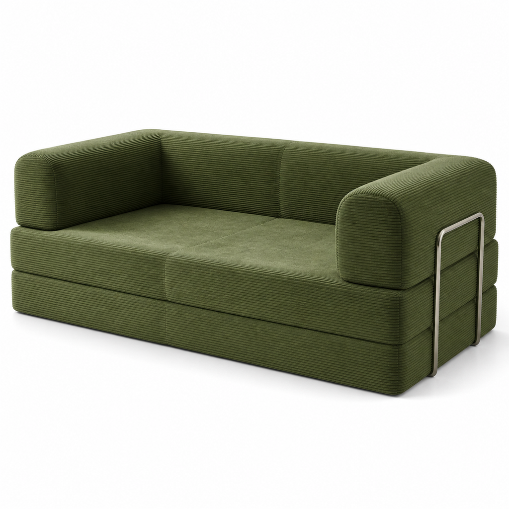 BOXY 5-in-1 Convertible Sofa Bed in olive green on a white background