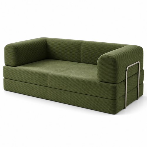 BOXY 5-in-1 Convertible Sofa Bed in olive green on a white background