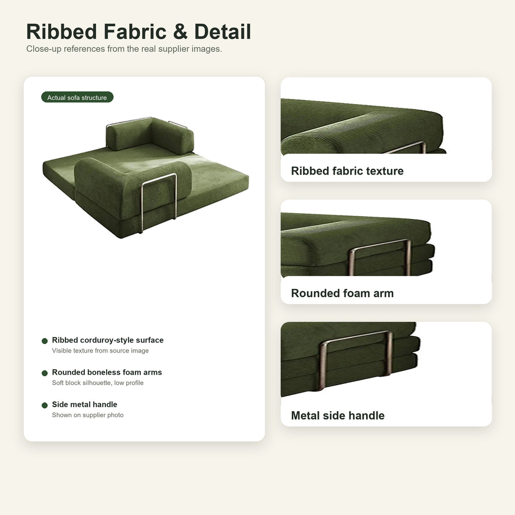 BOXY convertible sofa bed ribbed fabric rounded foam arm and metal handle details
