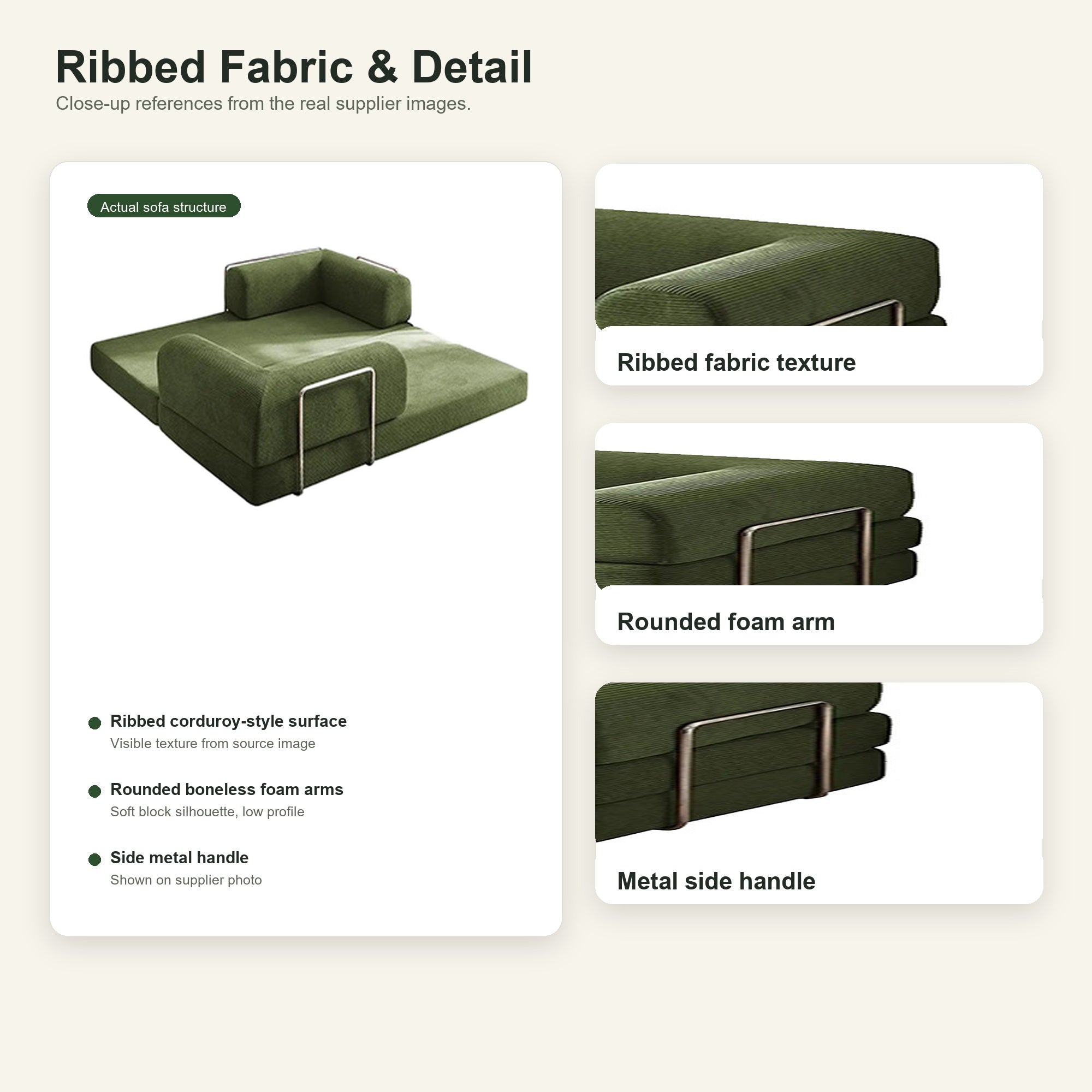 BOXY convertible sofa bed ribbed fabric rounded foam arm and metal handle details