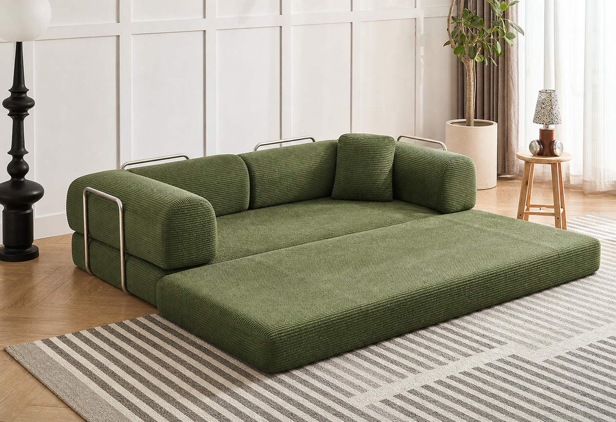 BOXY Convertible Sofa Bed opened into a guest-room sleeper surface