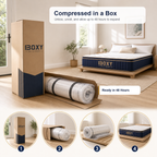 BOXY King Hybrid Mattress compressed and roll packed in a delivery box