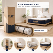 BOXY King Hybrid Mattress compressed and roll packed in a delivery box
