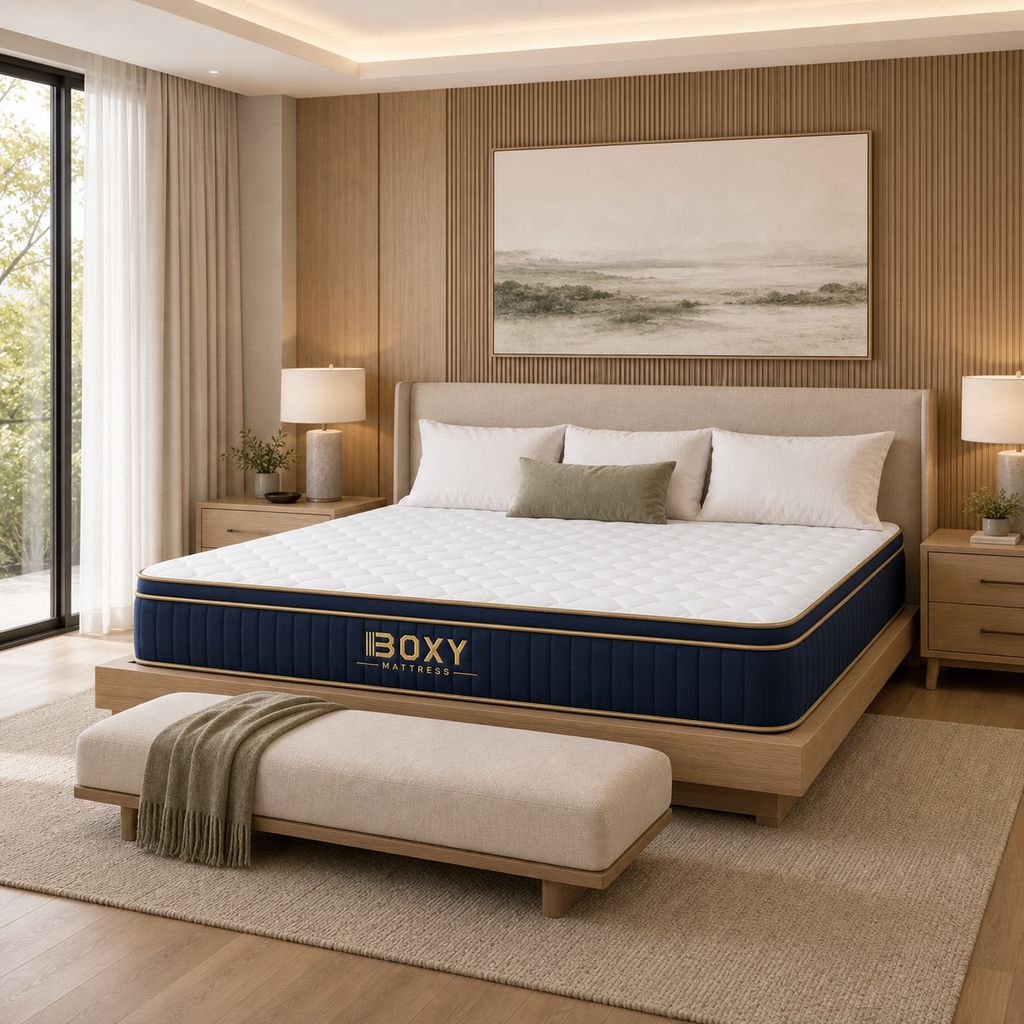 BOXY Hybrid Mattress King in a spacious premium master bedroom
