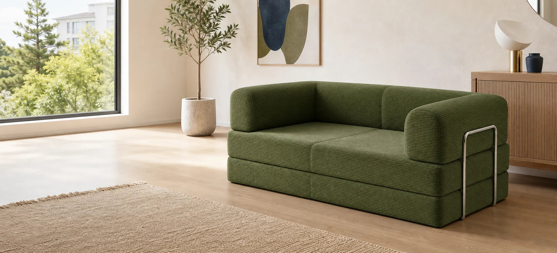 BOXY Convertible Sofa Bed in olive green in a bright Australian apartment